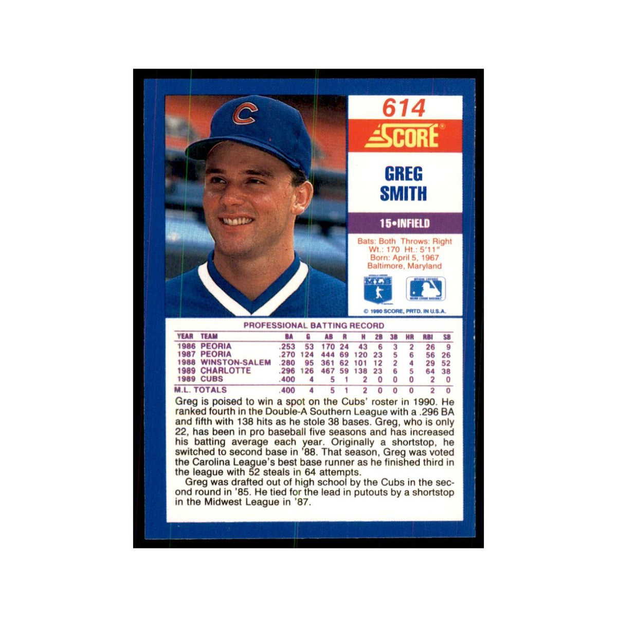 1990 Score Greg Smith RC Baseball Cards #614