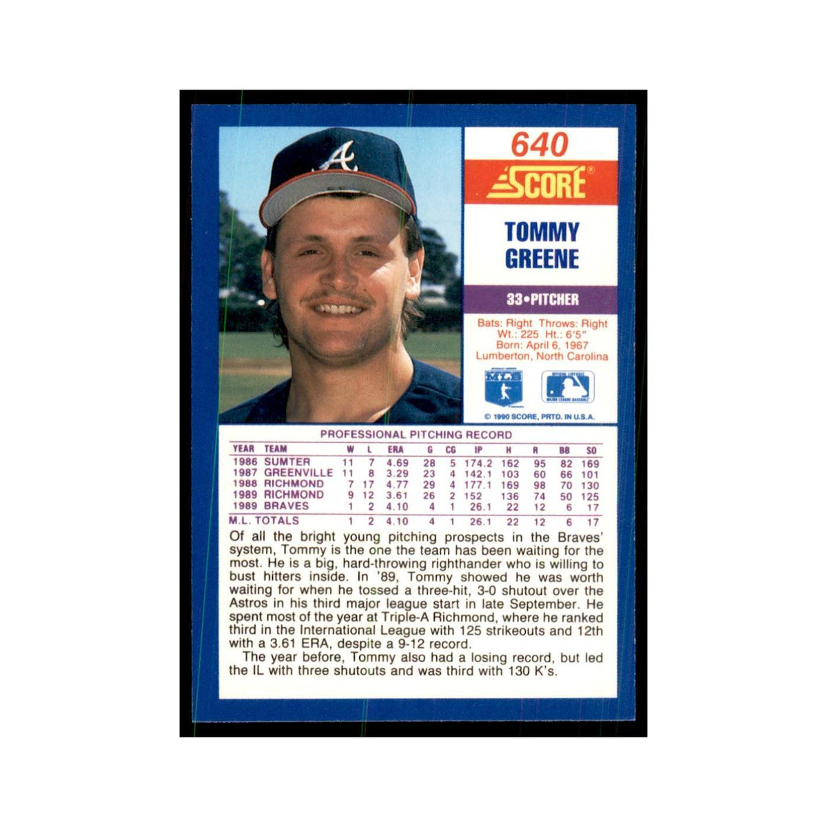 1990 Score Tommy Greene RC Baseball Cards #640
