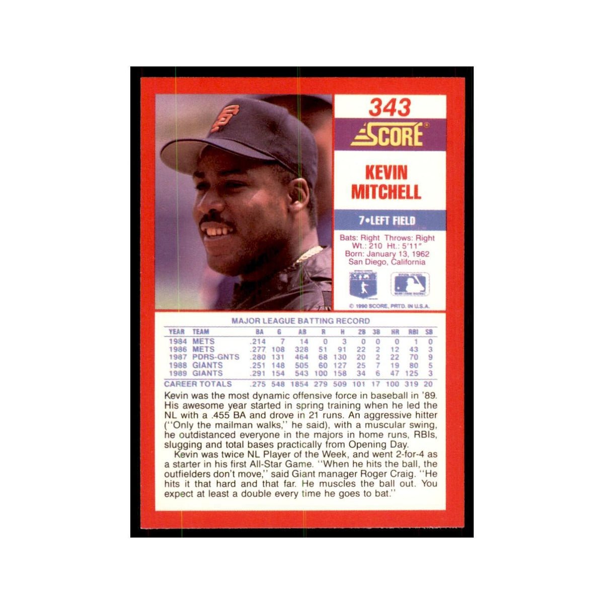 1990 Score Kevin Mitchell Baseball Cards #343