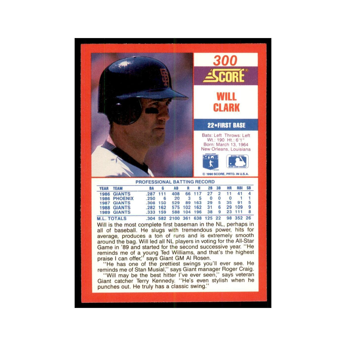 1990 Score Will Clark Baseball Cards #300