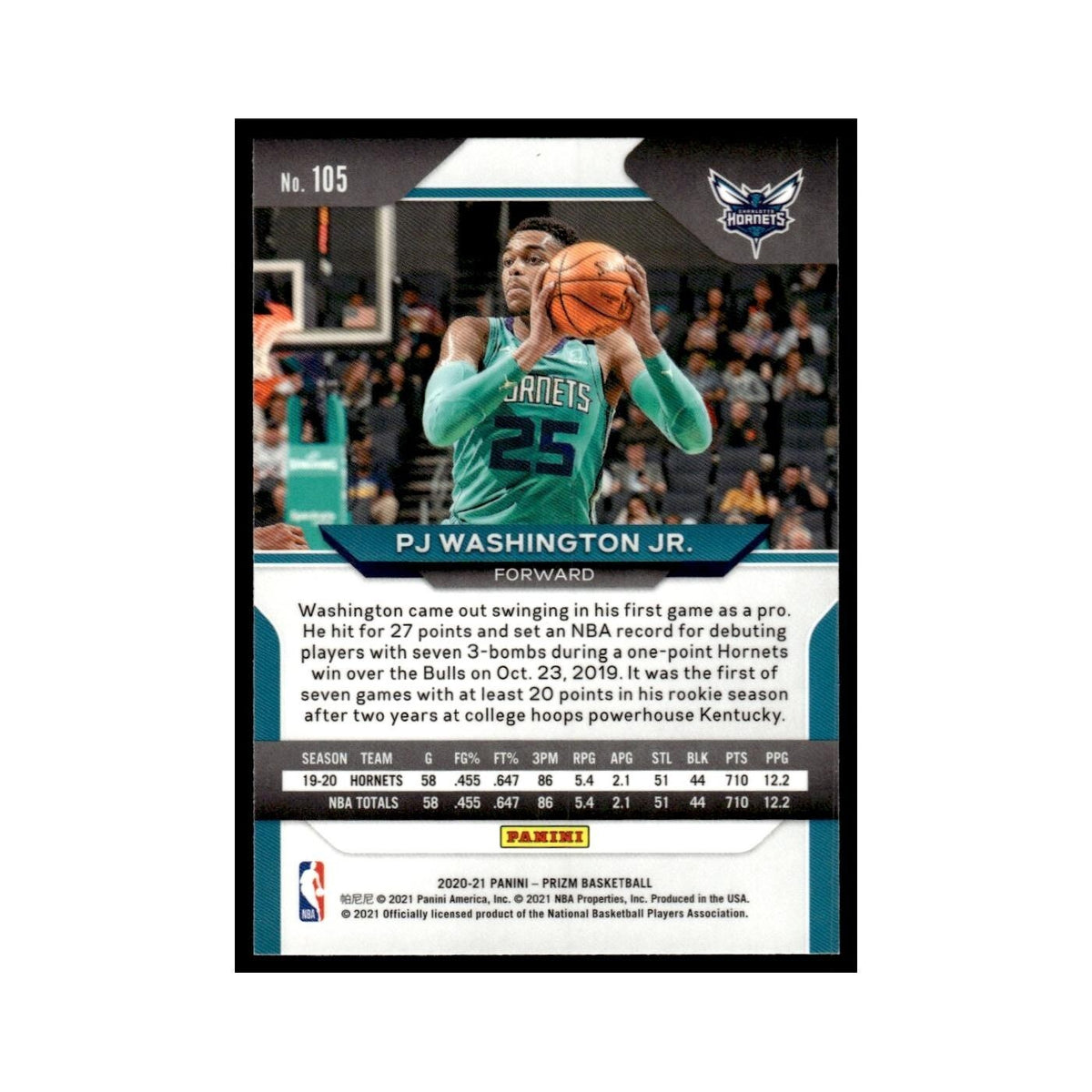 PJ Washington Jr. 2020 Panini Prizm #105 Charlotte Hornets Basketball Card NM