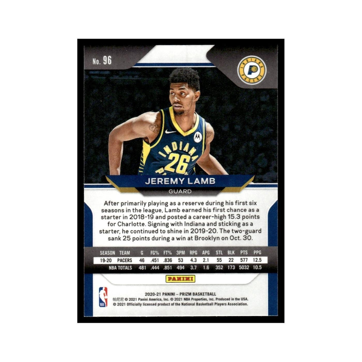 Jeremy Lamb 2020 Panini Prizm #96 Indiana Pacers Basketball Card NM