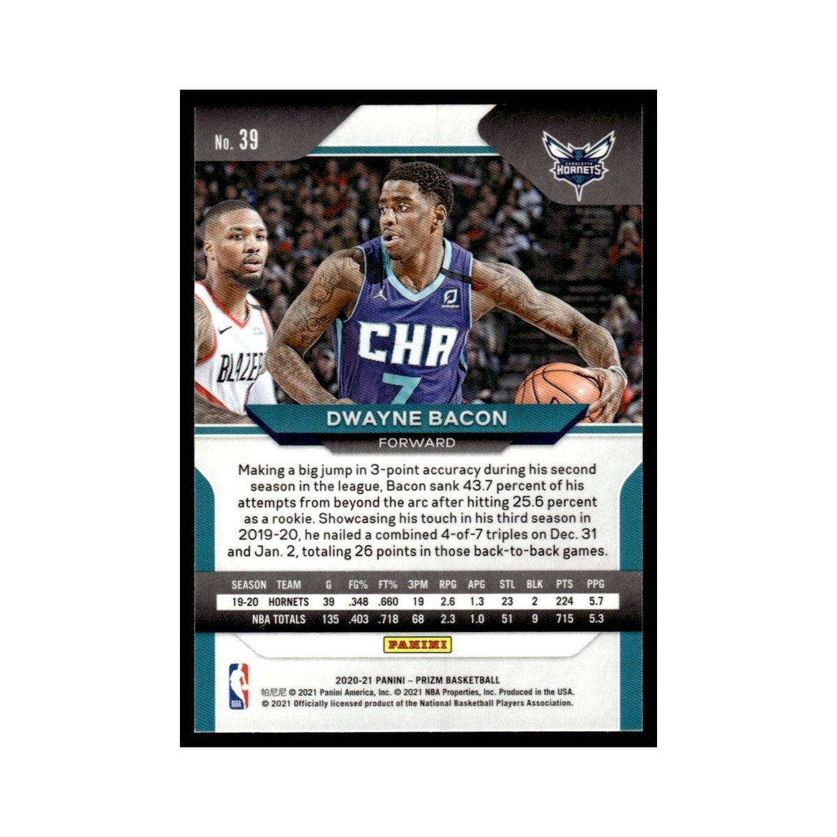 Dwayne Bacon 2020 Panini Prizm #39 Charlotte Hornets Basketball Card NM