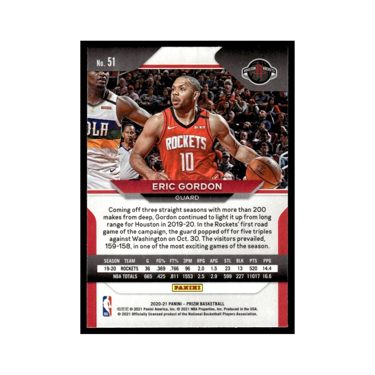 Eric Gordon 2020 Panini Prizm #51 Houston Rockets Basketball Card NM