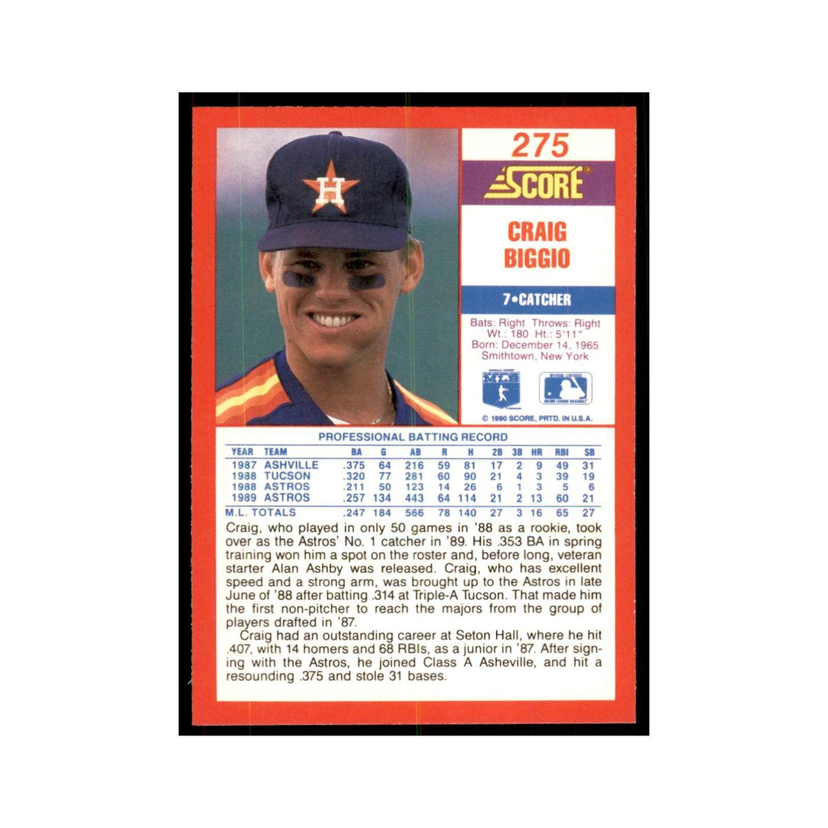 1990 Score Craig Biggio Baseball Cards #275