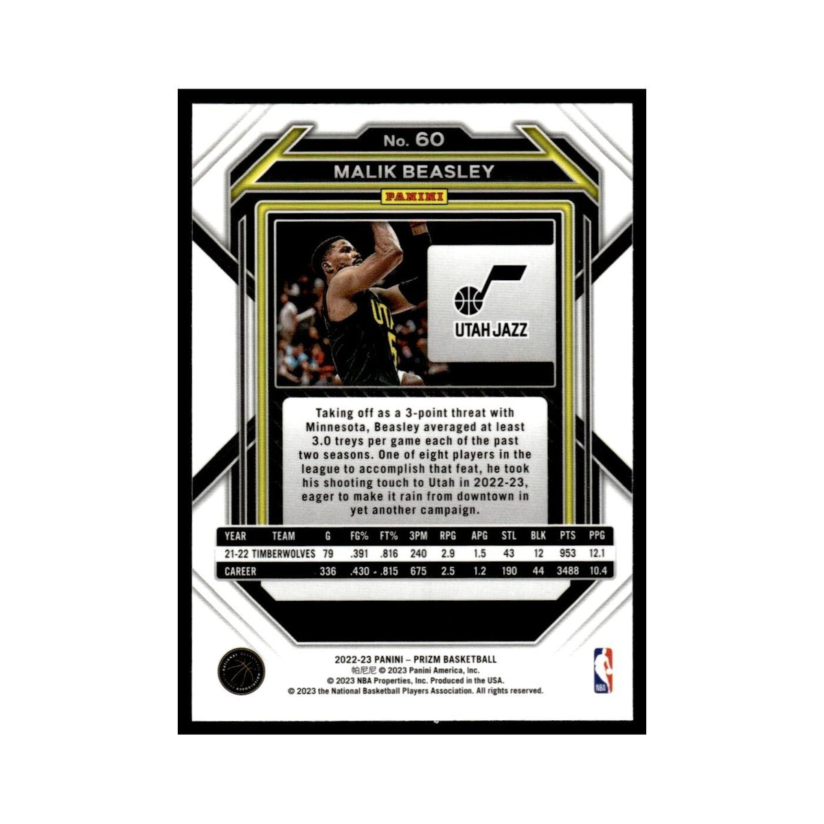 Malik Beasley 2022 Panini Prizm #60 Utah Jazz Basketball Card NM