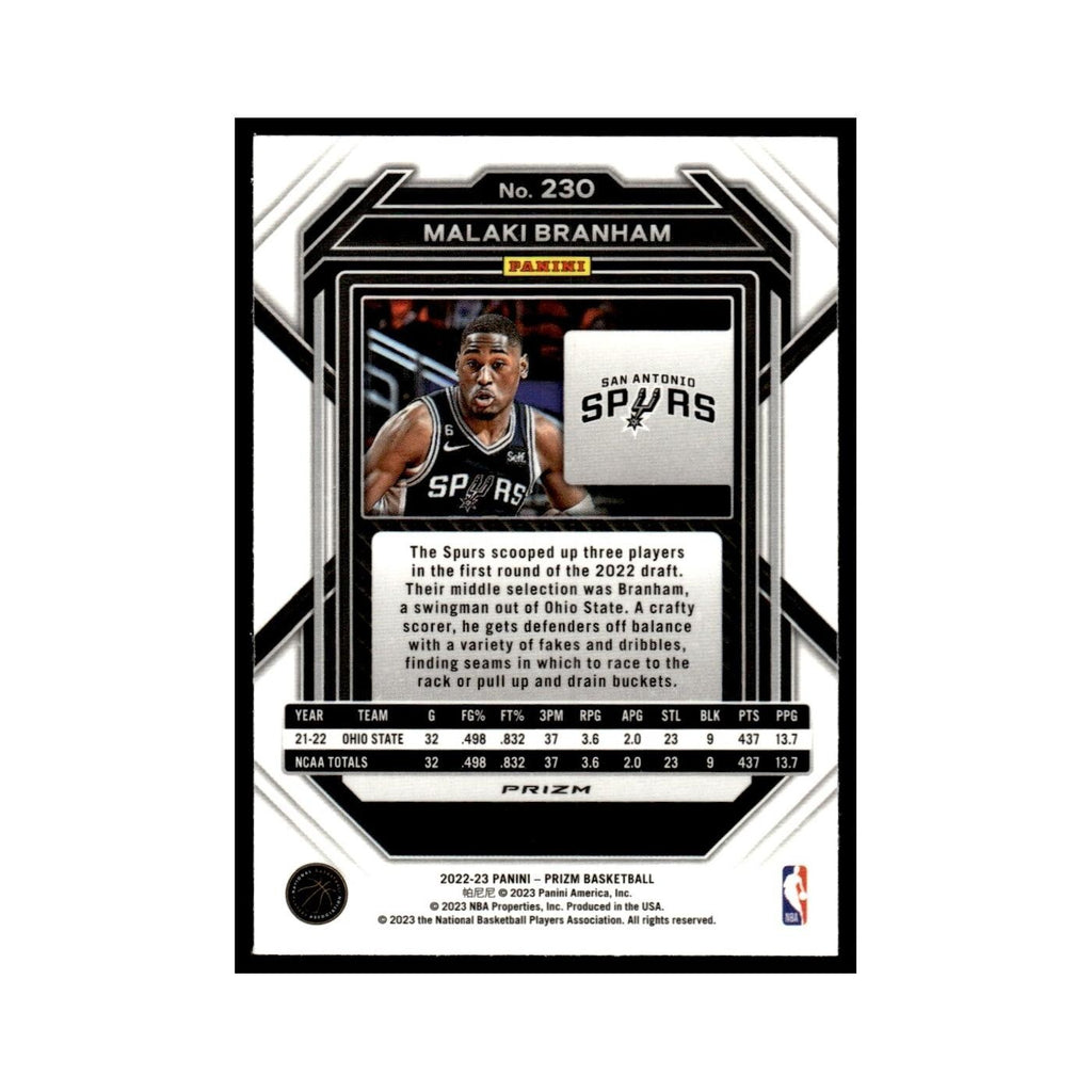 Malaki Branham Rookie 2022 Panini Prizm Silver #230 San Antonio Spurs NM
