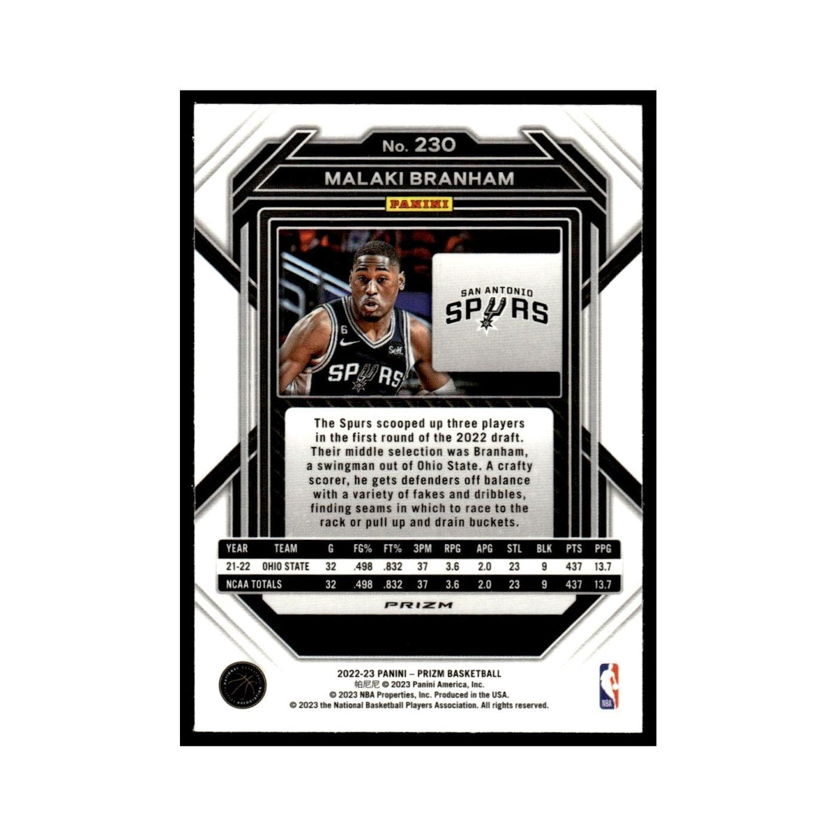 Malaki Branham Rookie 2022 Panini Prizm Silver #230 San Antonio Spurs NM