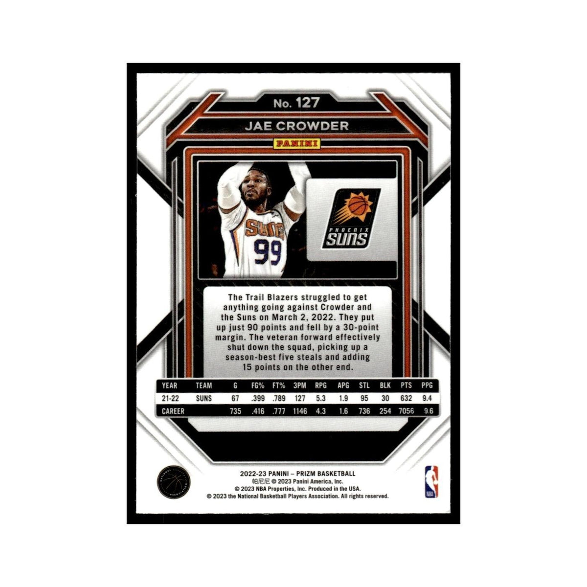 Jae Crowder 2022 Panini Prizm #127 Phoenix Suns Basketball Card NM