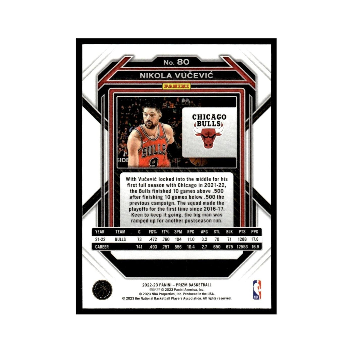 Nikola Vucevic 2022 Panini Prizm #80 Chicago Bulls Basketball Card NM