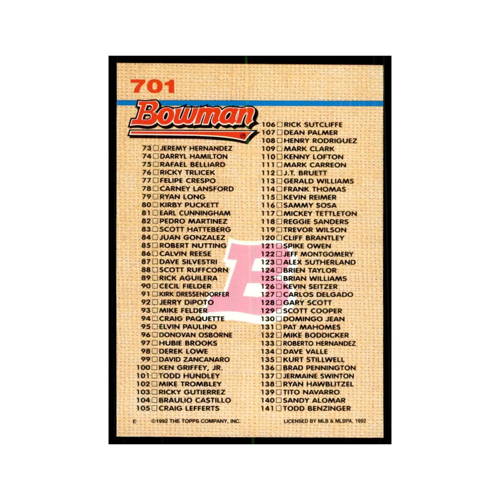 1992 Bowman Checklist 1-141 Baseball Cards #701