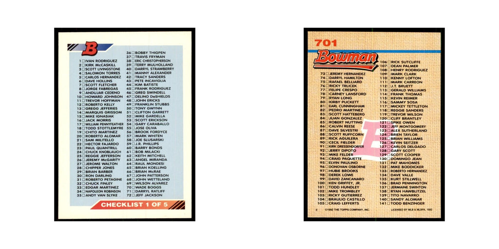 1992 Bowman Checklist 1-141 Baseball Cards #701
