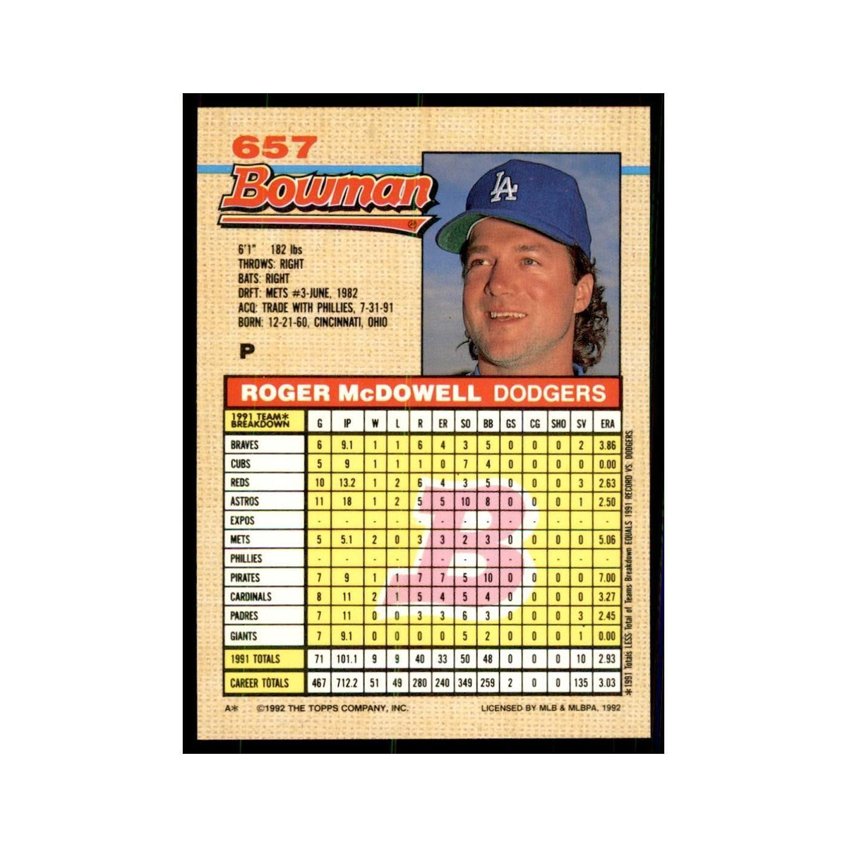 1992 Bowman Roger McDowell Baseball Cards #657