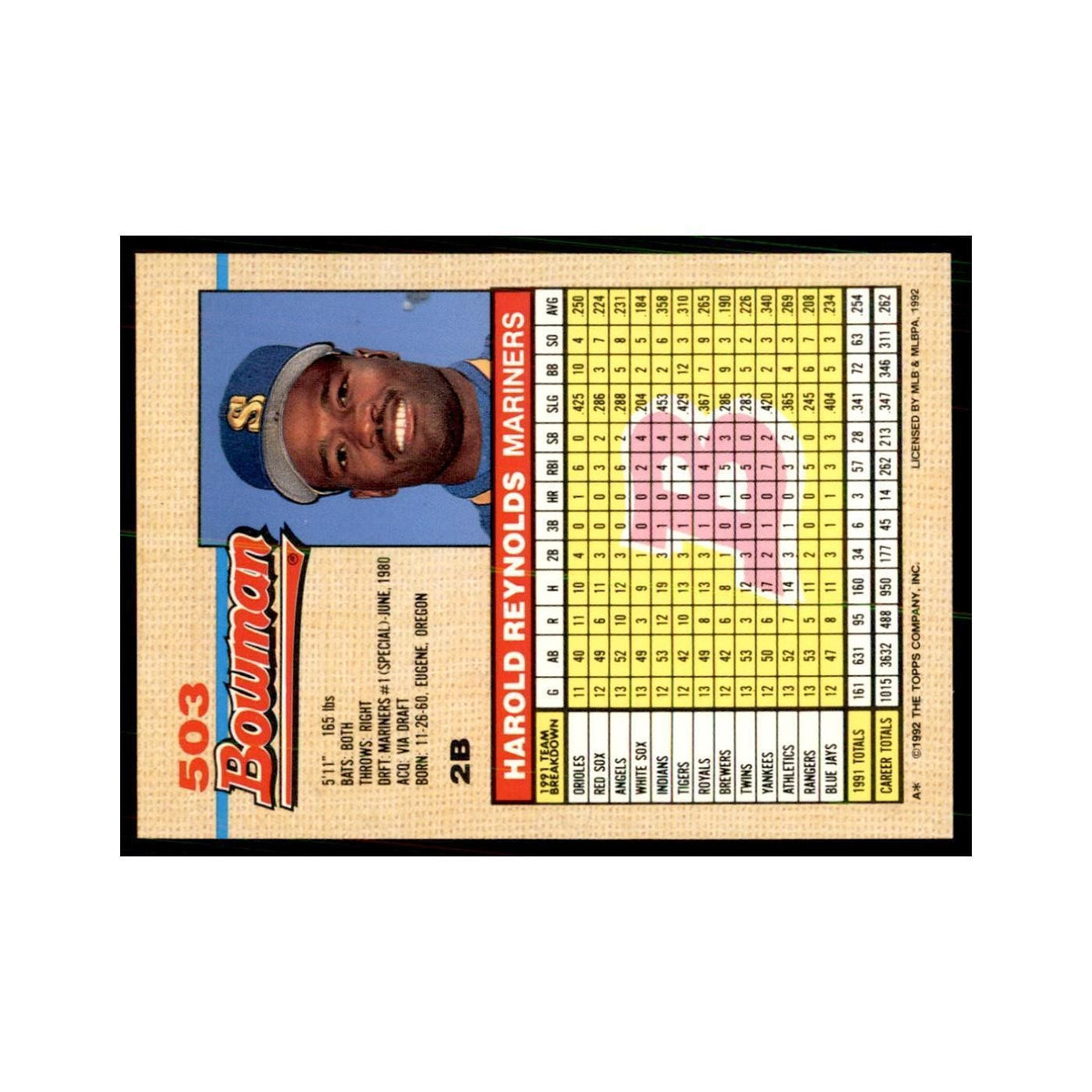 1992 Bowman Harold Reynolds Baseball Cards #503