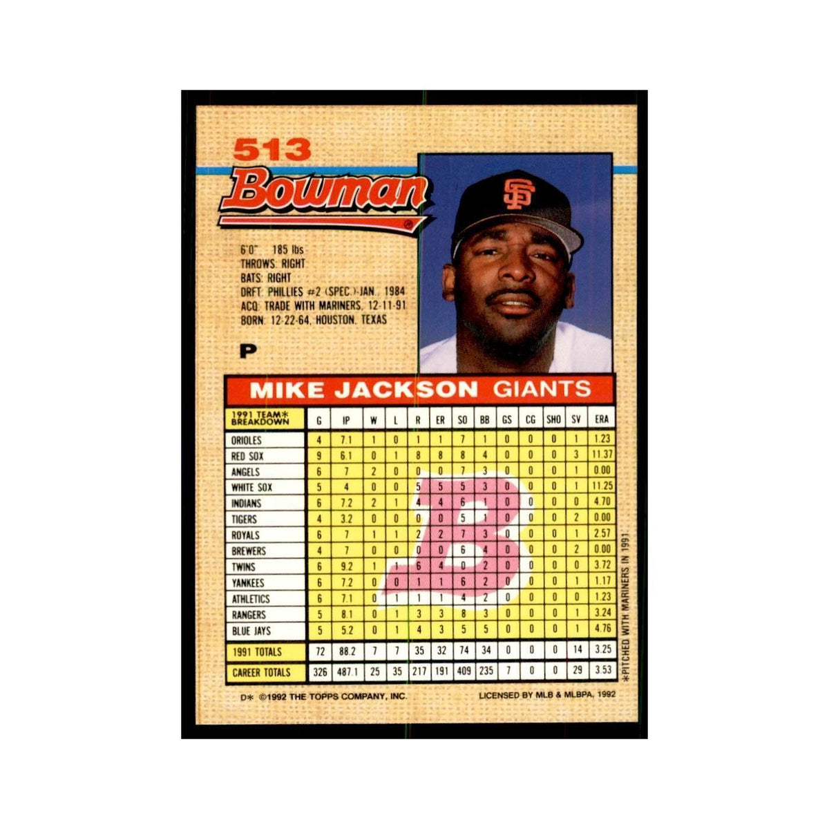 1992 Bowman Mike Jackson Baseball Cards #513