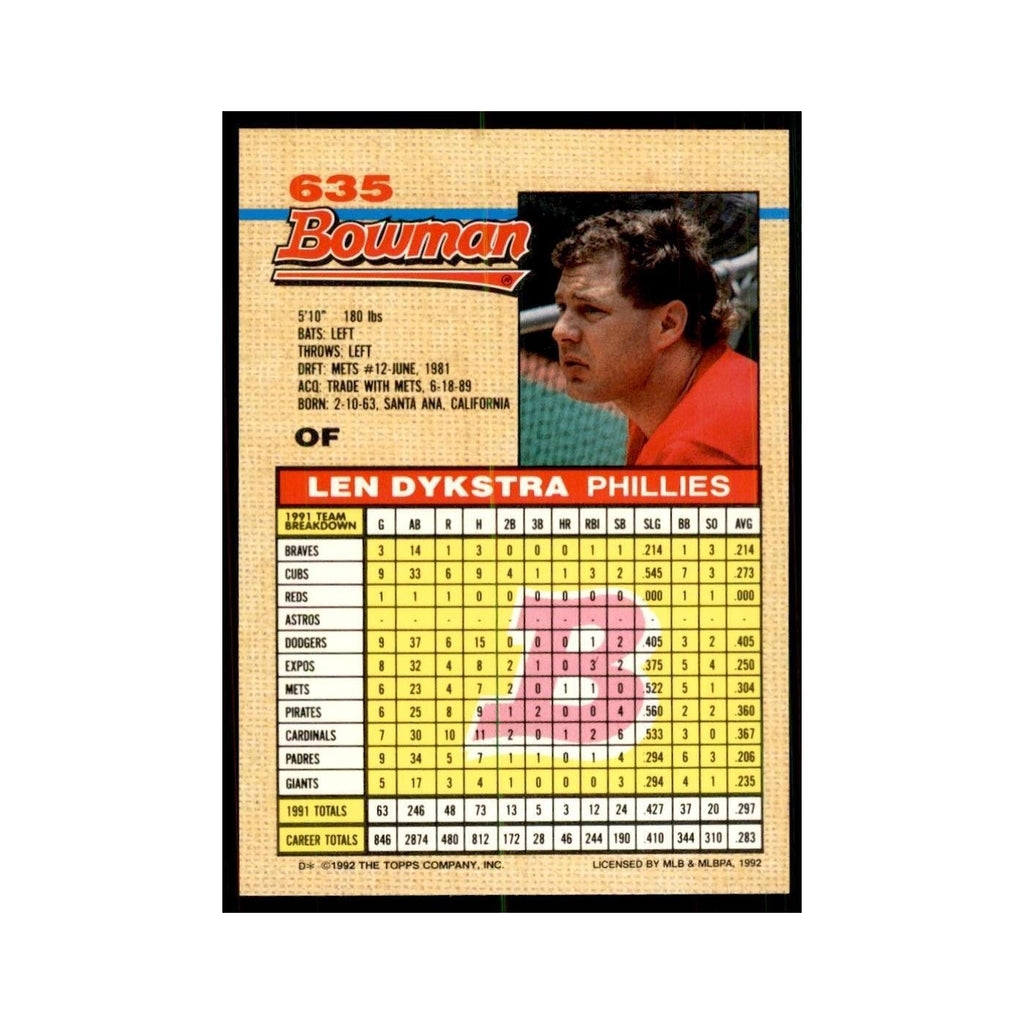 1992 Bowman Lenny Dykstra Baseball Cards #635
