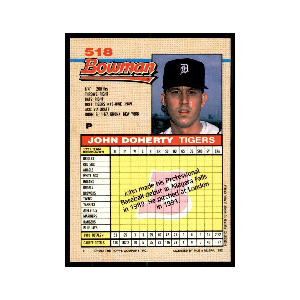 1992 Bowman John Doherty Baseball Cards #518