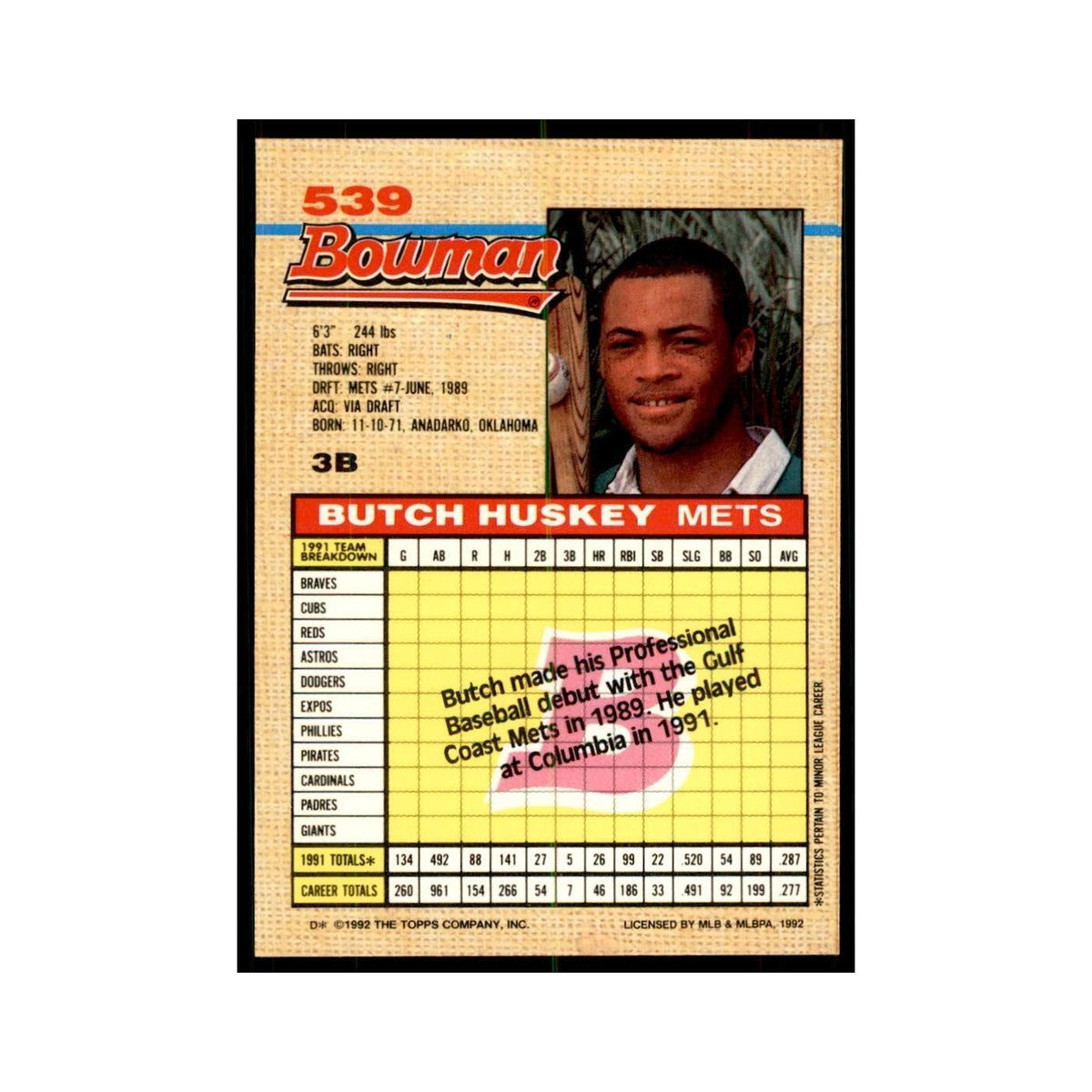 1992 Bowman Butch Huskey Baseball Cards #539