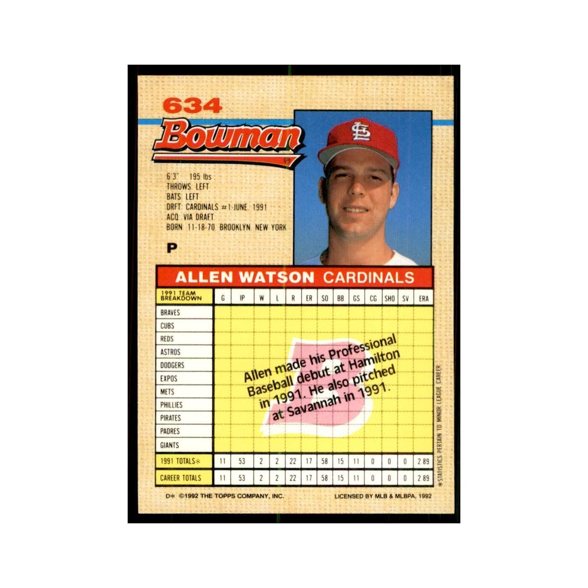 1992 Bowman Allen Watson Baseball Cards #634