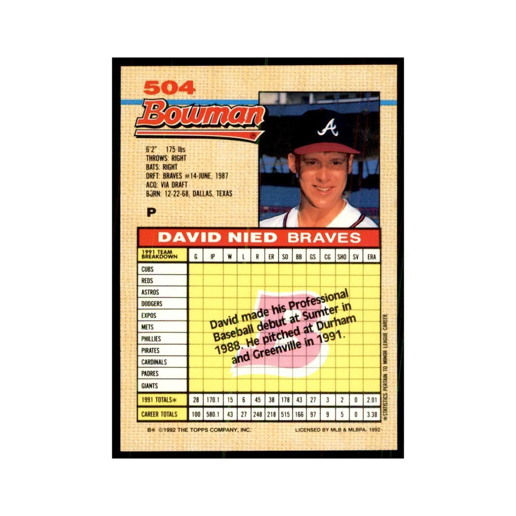 1992 Bowman David Nied Baseball Cards #504