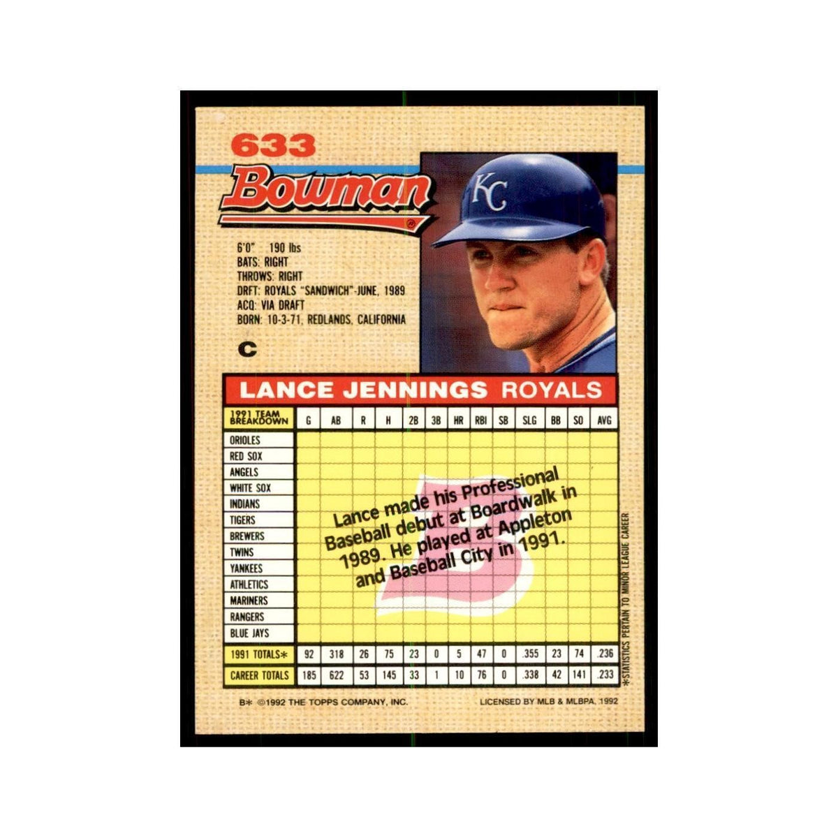 1992 Bowman Lance Jennings Baseball Cards #633