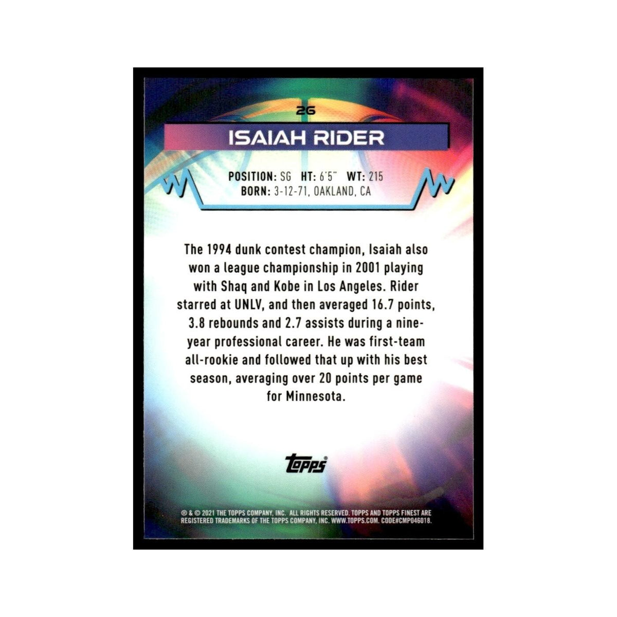 Isaiah Rider 2021 Topps Finest #26 Basketball Card NM