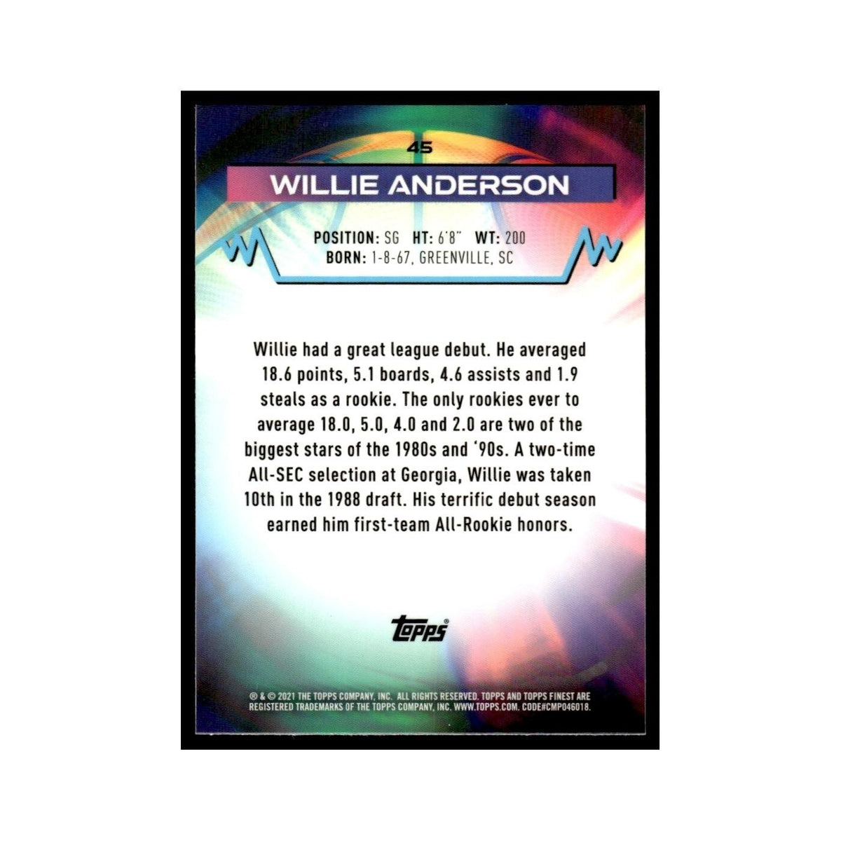 Willie Anderson 2021 Topps Finest #45 Basketball Card NM