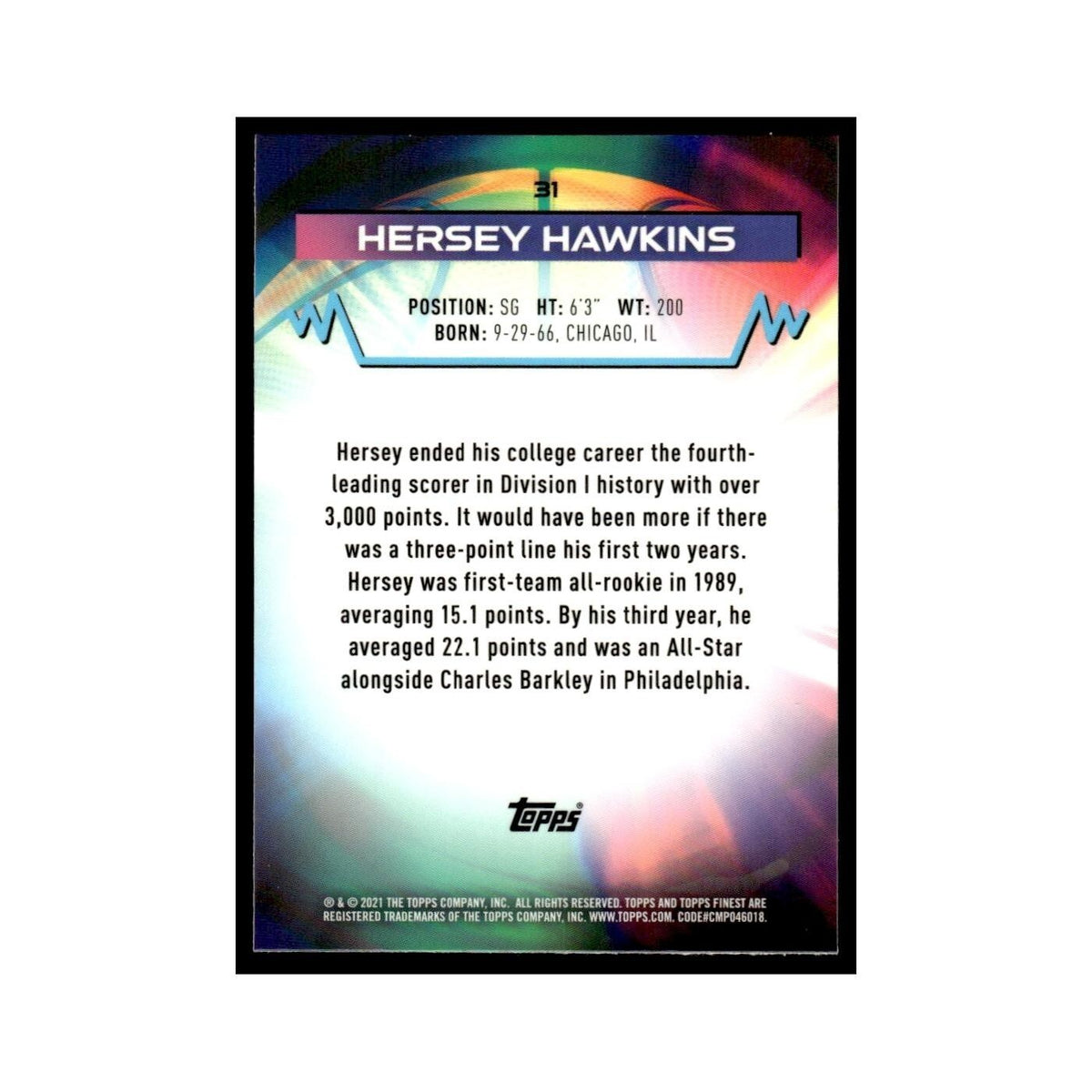 Hersey Hawkins 2021 Topps Finest #31 Basketball Card NM