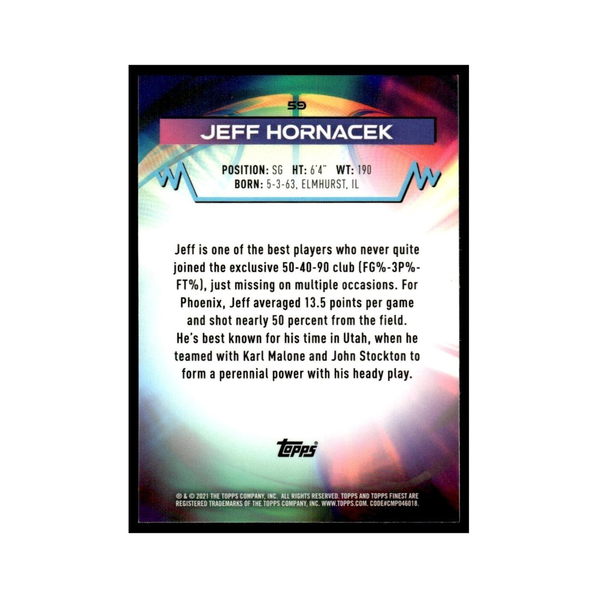 Jeff Hornacek 2021 Topps Finest #59 Basketball Card NM