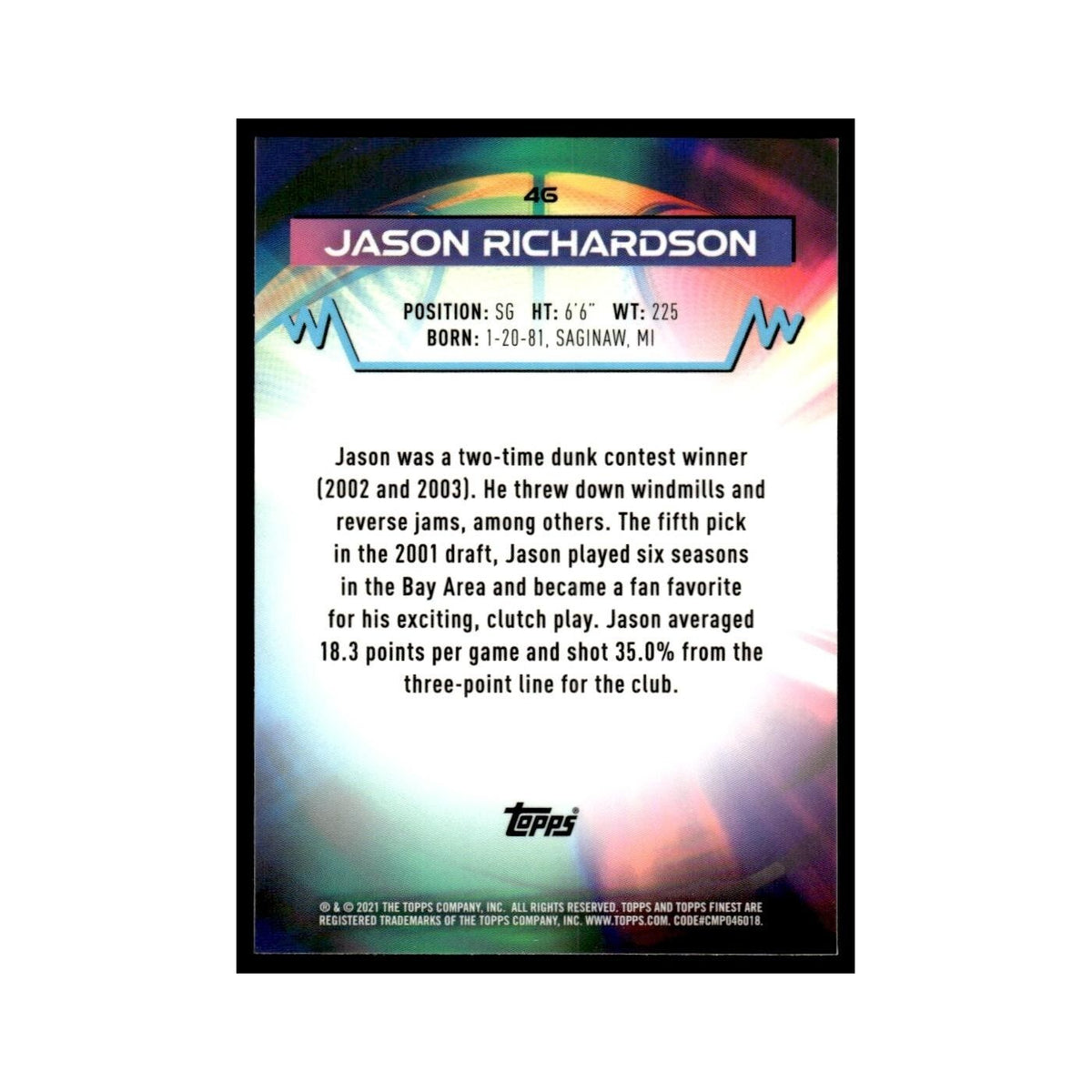 Jason Richardson 2021 Topps Finest #46 Basketball Card NM