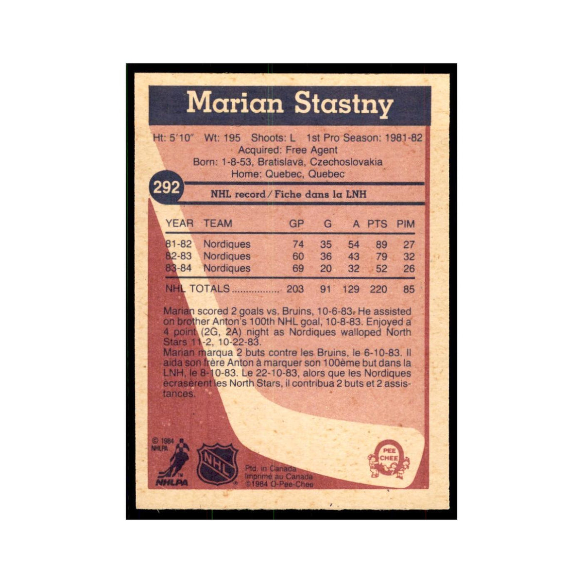 1984 O-Pee-Chee Marian Stastny Quebec Nordiques #292
