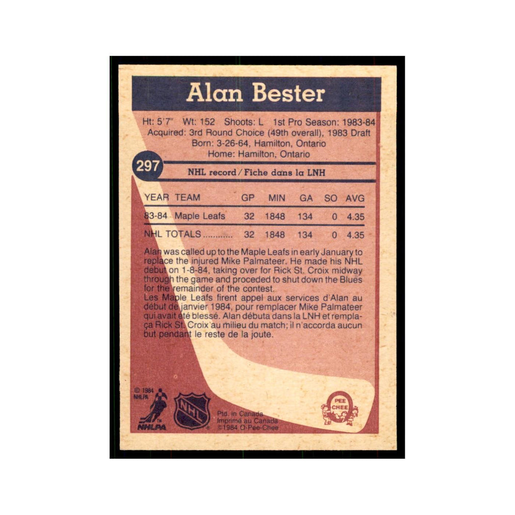 1984 O-Pee-Chee Allan Bester RC Toronto Maple Leafs #297