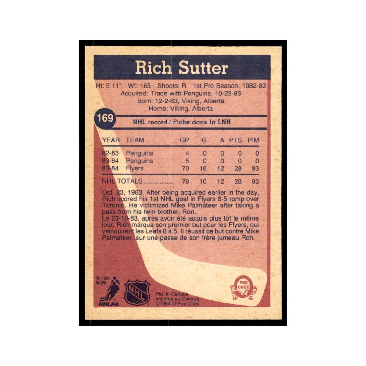 1984 O-Pee-Chee Rich Sutter RC Philadelphia Flyers #169