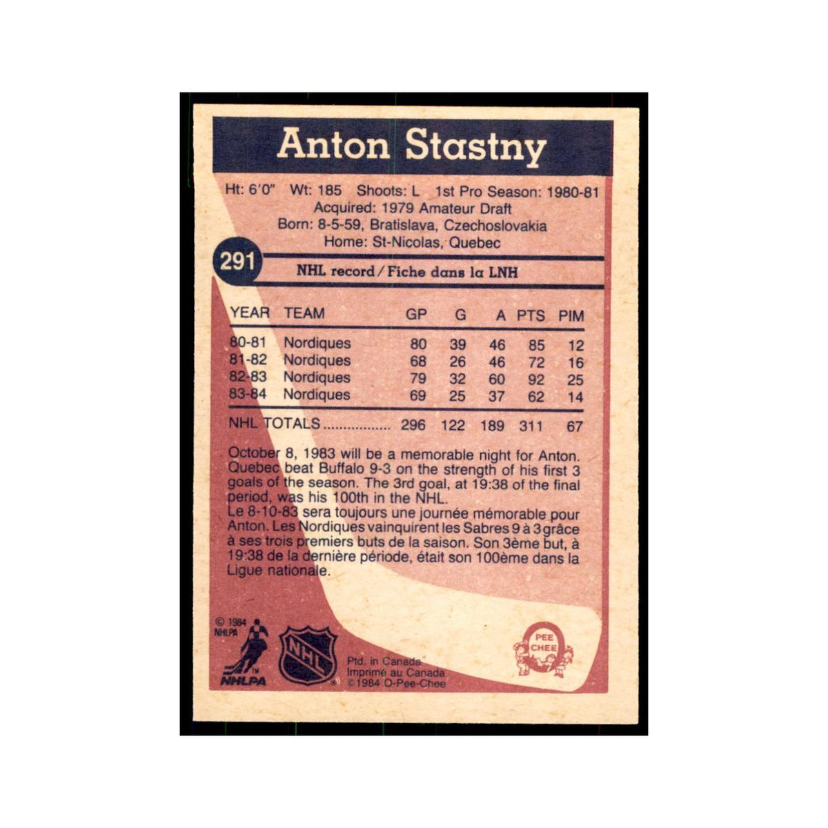 1984 O-Pee-Chee Anton Stastny Quebec Nordiques #291