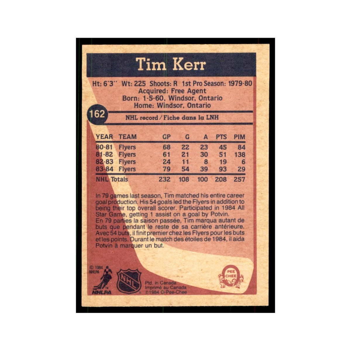 1984 O-Pee-Chee Tim Kerr Philadelphia Flyers #162