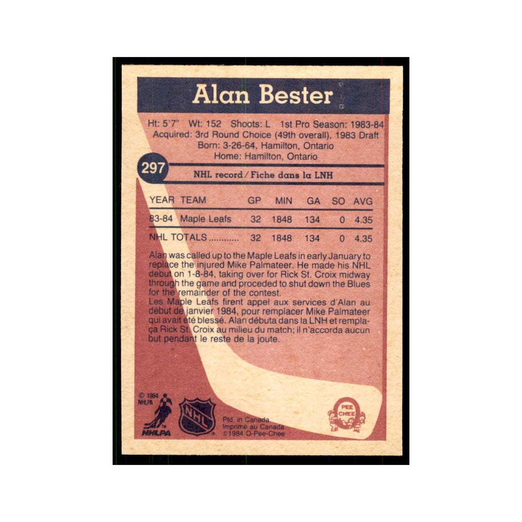 1984 O-Pee-Chee Allan Bester RC Toronto Maple Leafs #297