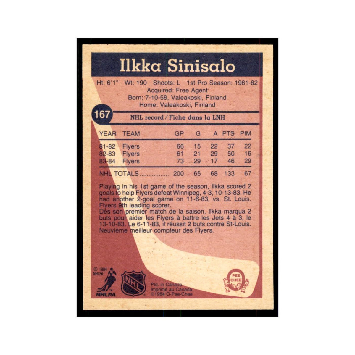 1984 O-Pee-Chee Ilkka Sinisalo RC Philadelphia Flyers #167