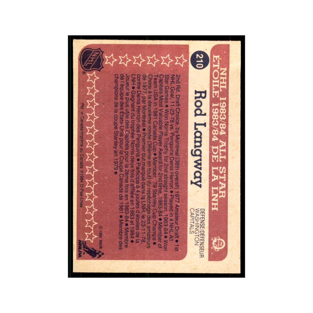 1984 O-Pee-Chee Rod Langway Washington Capitals #210