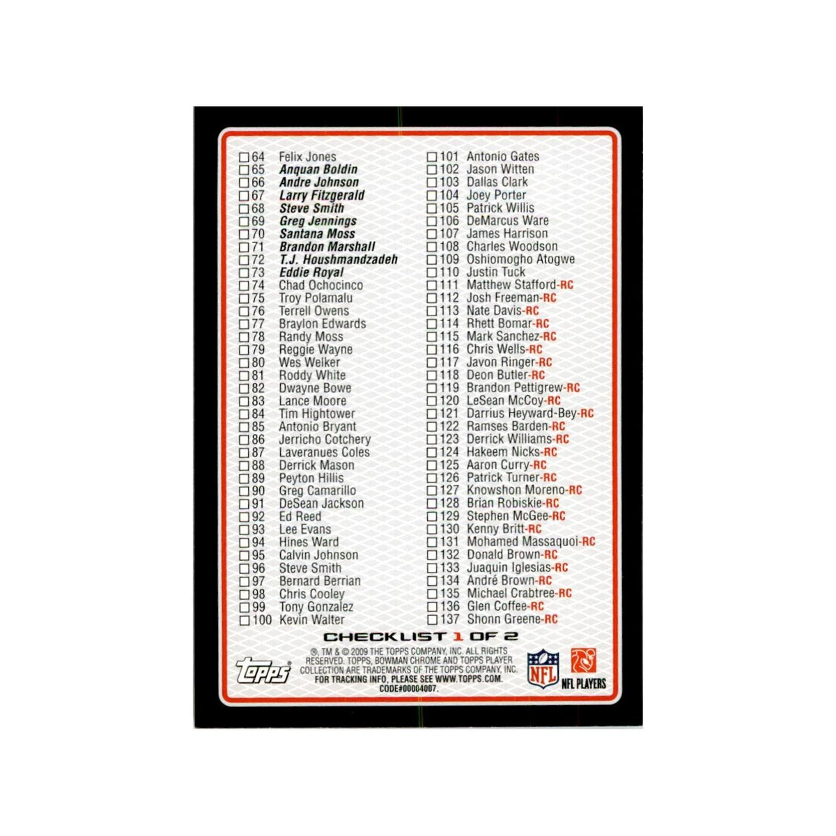 2009 Bowman Chrome Checklist Football Cards #nan