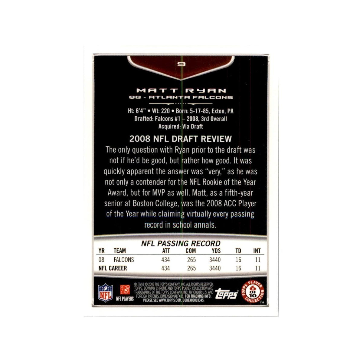 2009 Bowman Chrome Matt Ryan Football Cards #9.0
