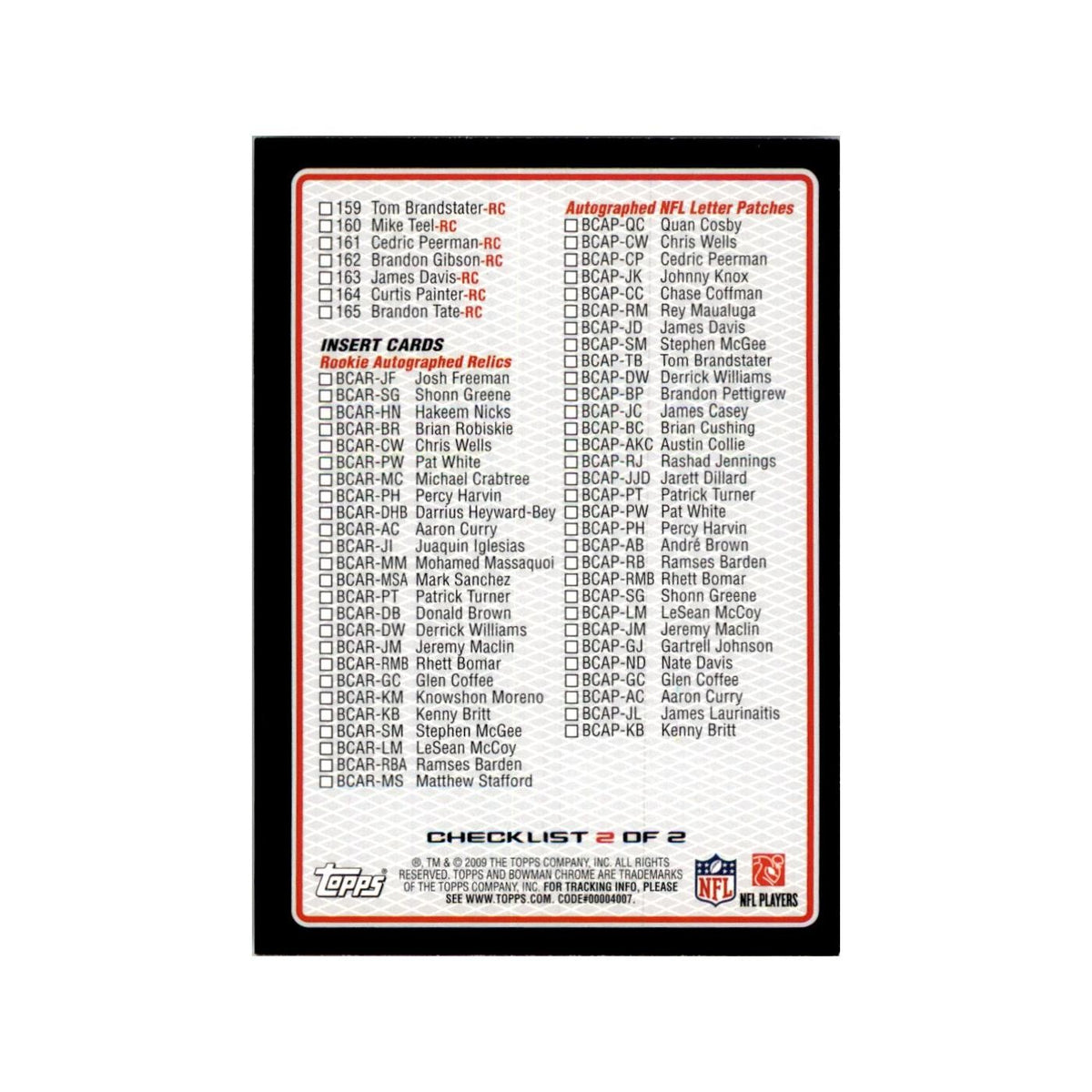 2009 Bowman Chrome Checklist Football Cards #nan