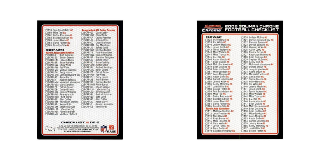 2009 Bowman Chrome Checklist Football Cards #nan