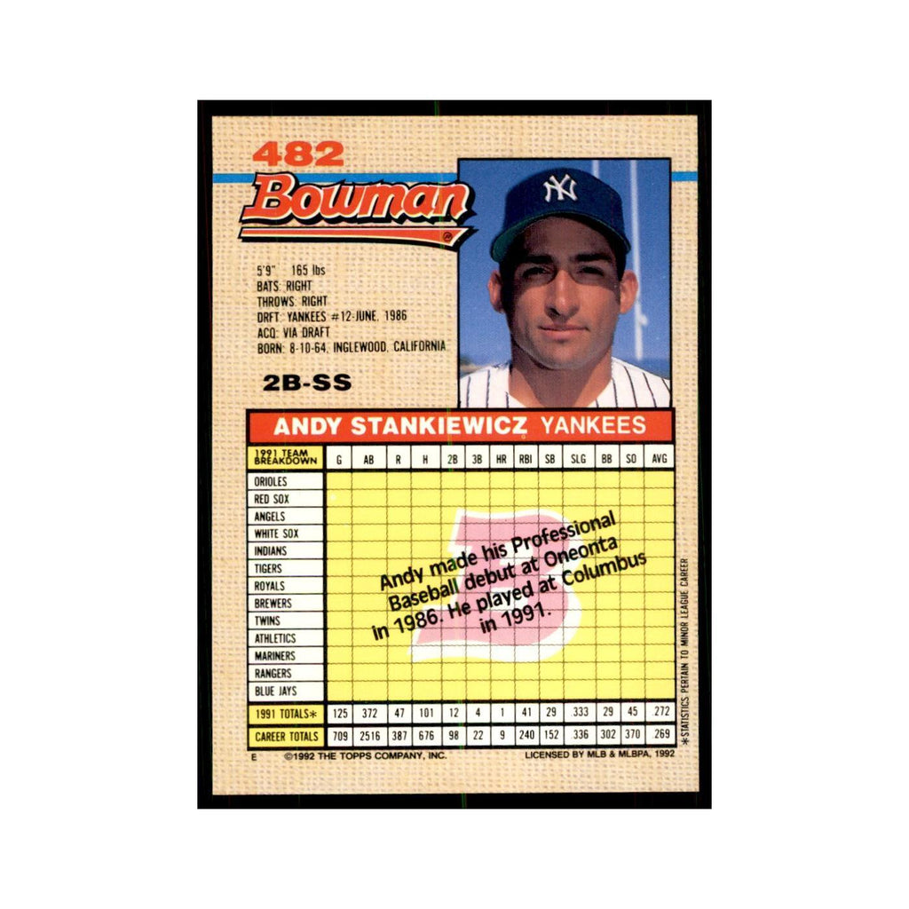 1992 Bowman Andy Stankiewicz Baseball Cards #482