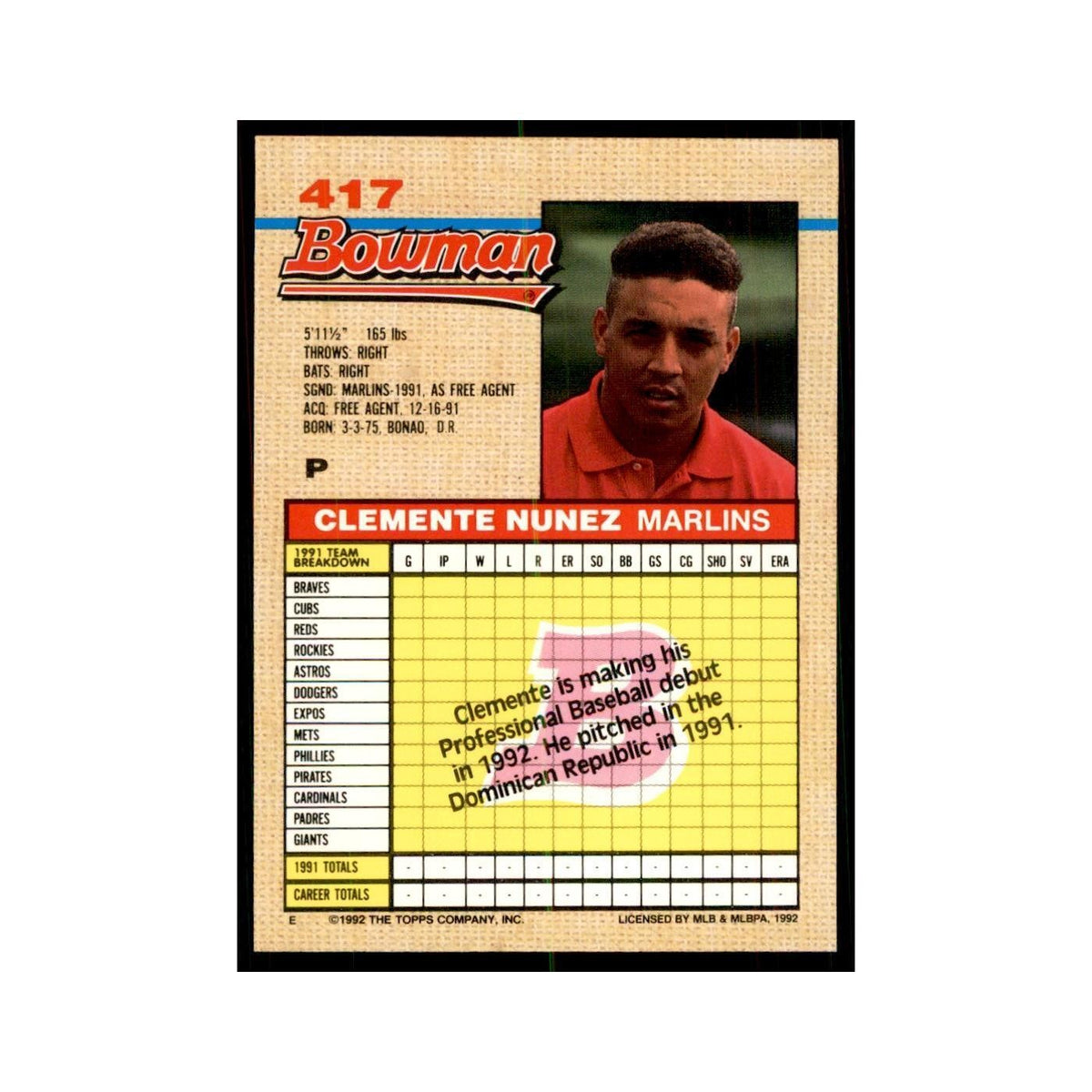 1992 Bowman Clemente Nunez Baseball Cards #417