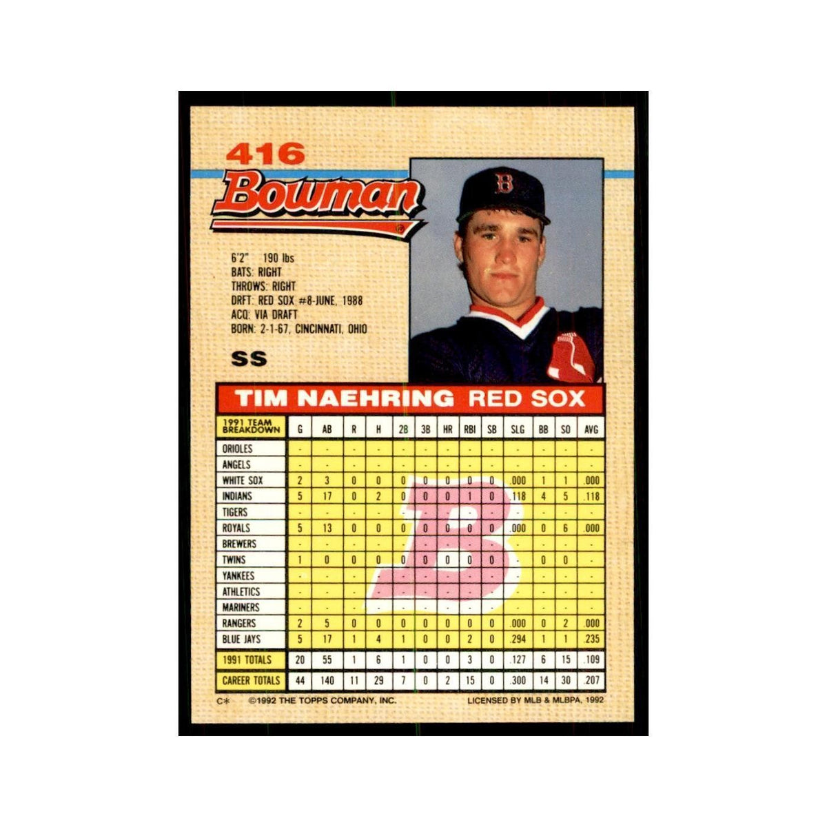 1992 Bowman Tim Naehring Baseball Cards #416