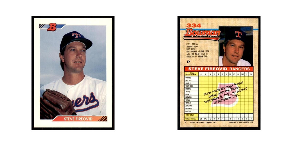 1992 Bowman Steve Fireovid Baseball Cards #334