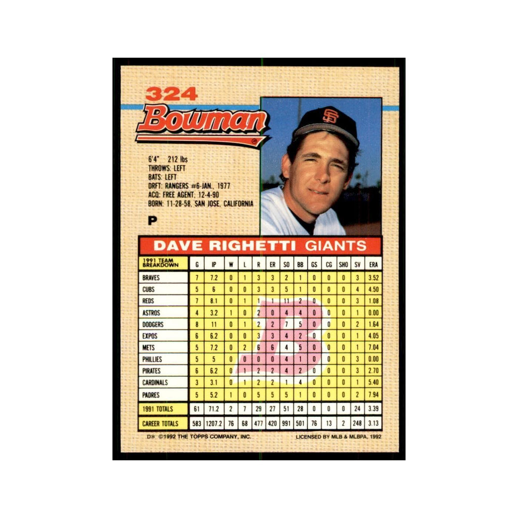 1992 Bowman Dave Righetti Baseball Cards #324