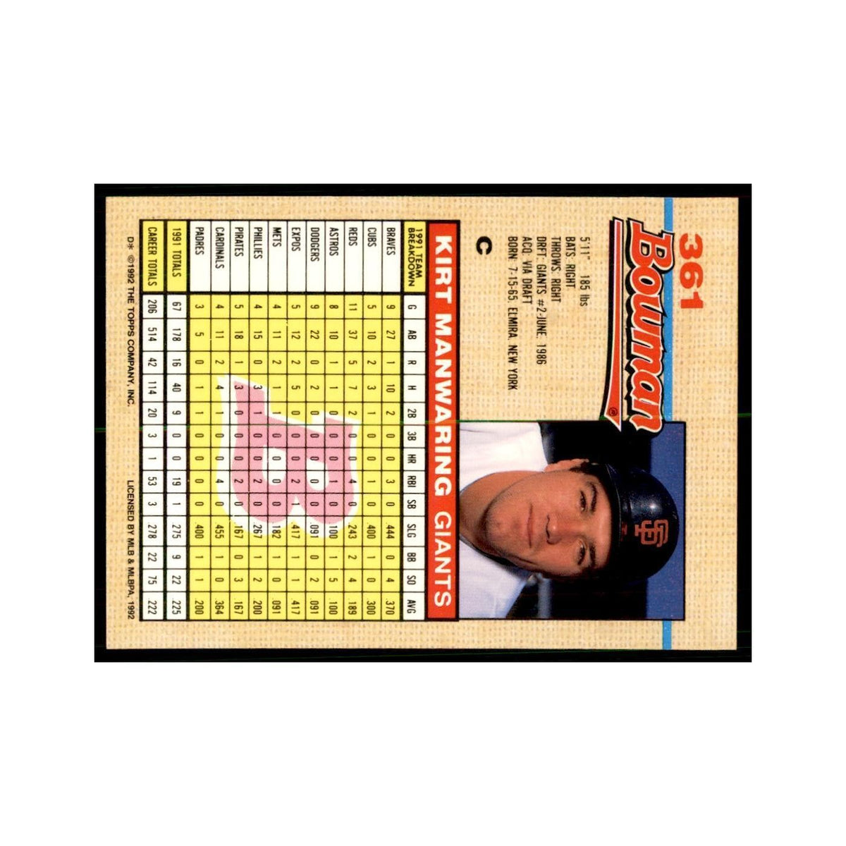 1992 Bowman Kirt Manwaring Baseball Cards #361