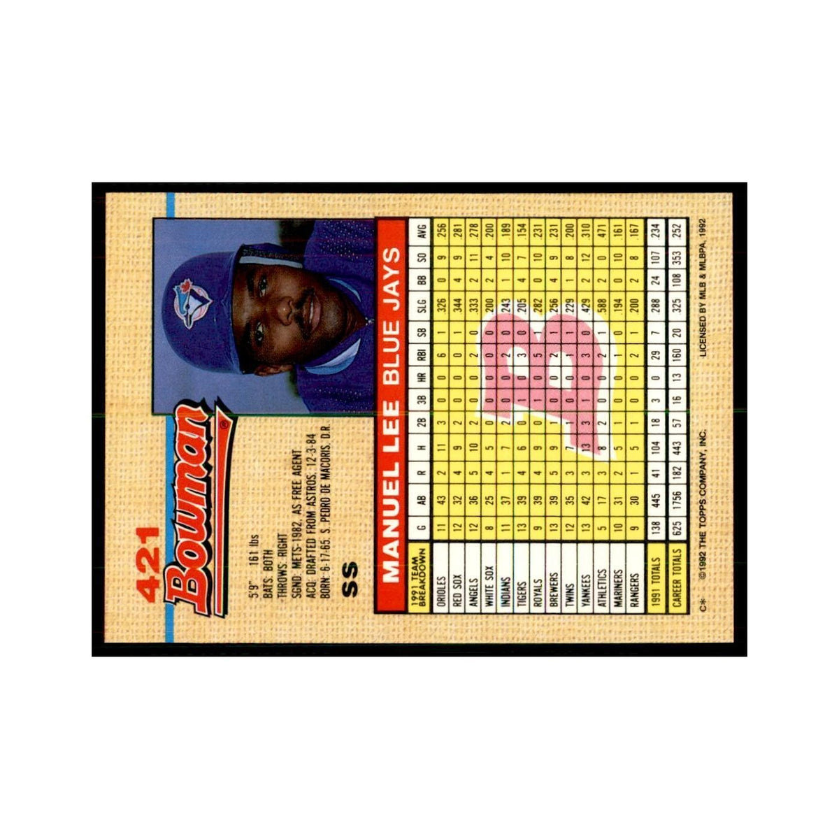 1992 Bowman Manuel Lee Baseball Cards #421