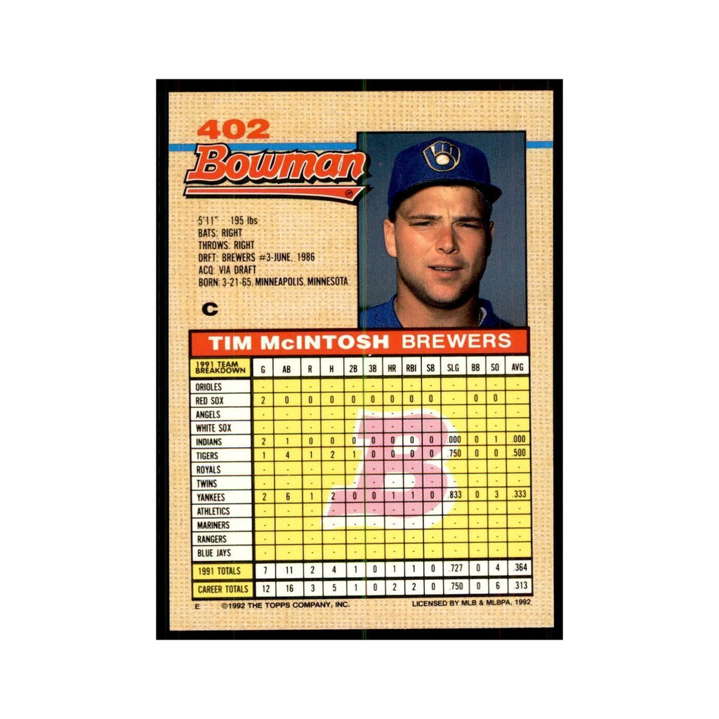 1992 Bowman Tim McIntosh Baseball Cards #402